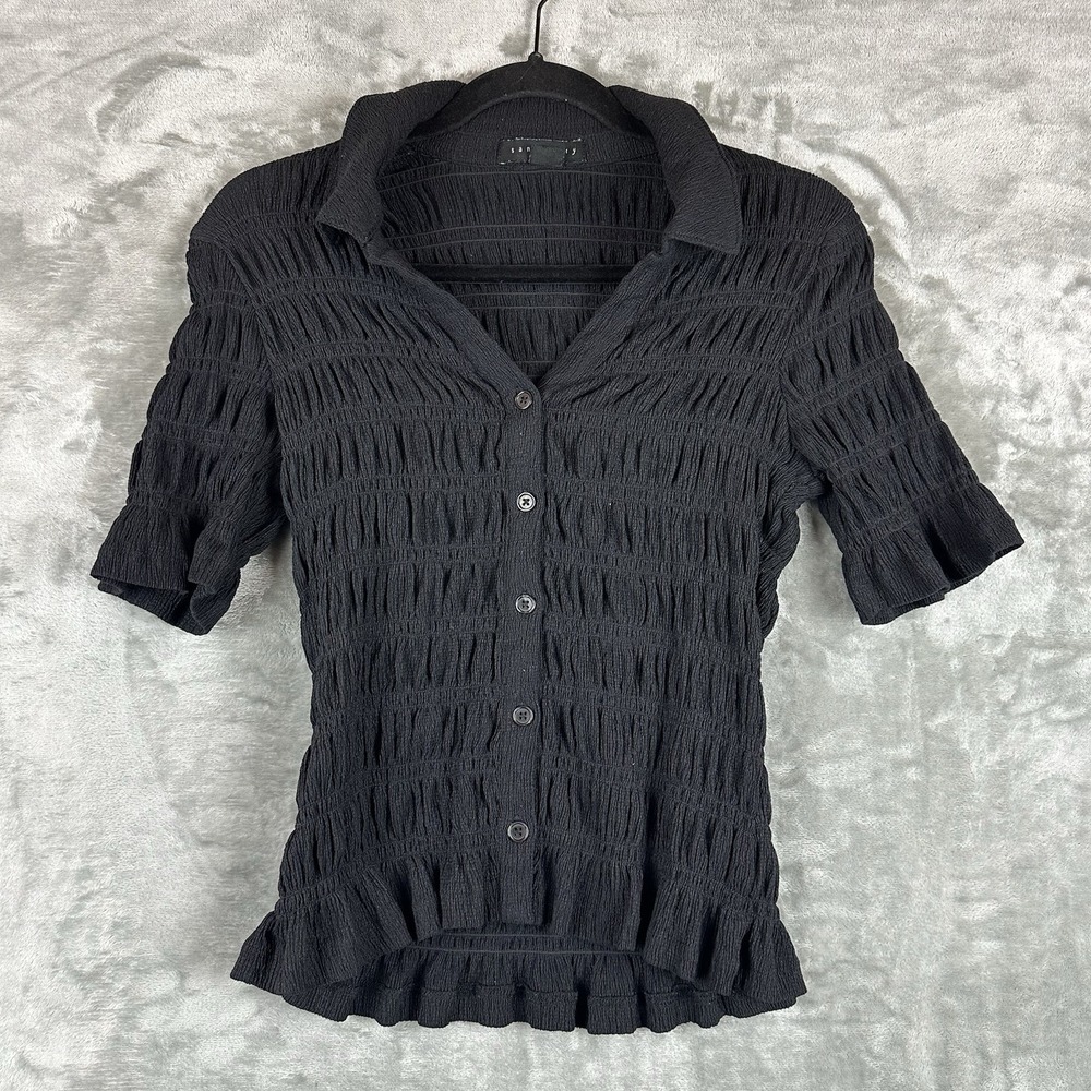 Sanctuary Button Front Blouse Women's M Black Allover Ruching Ruffle Hem